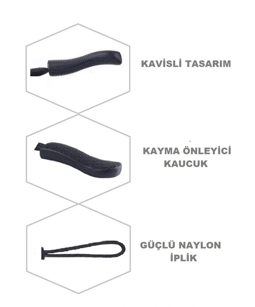 Fermuar elcik ipi siyah kavisli tasarım kayma önleyici kauçuk uçlu güçlü naylon ipli